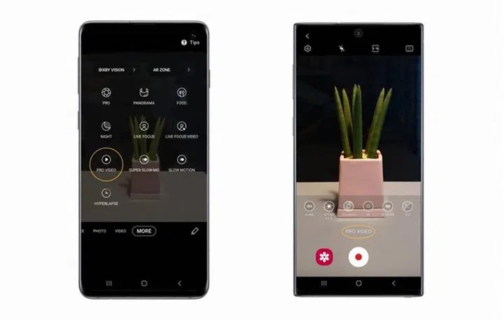 Pro Video now available on the Galaxy S10 (left), Shooting video in Pro Video mode on the Galaxy Note10 (right).