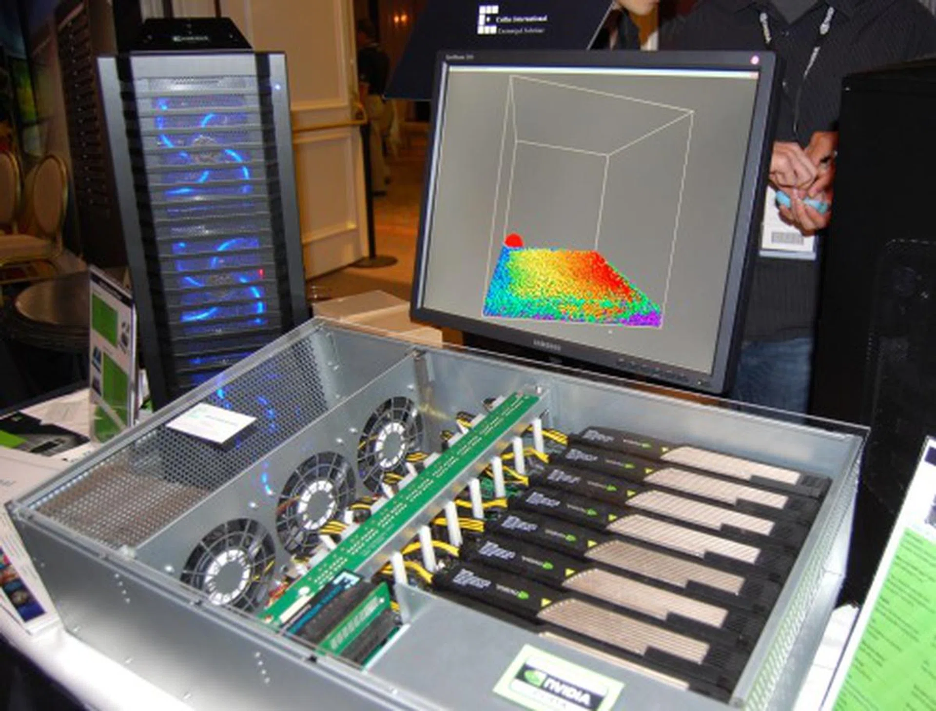 This is perhaps the world's first system outfitted with eight Tesla C1060 cards delivering a total of 8 teraFLOPS of computing power. Most others are still designed to fit only four of those Tesla cards in a system. Colfax International is the solutions provider for this personal supercomputer as well as many other variants.