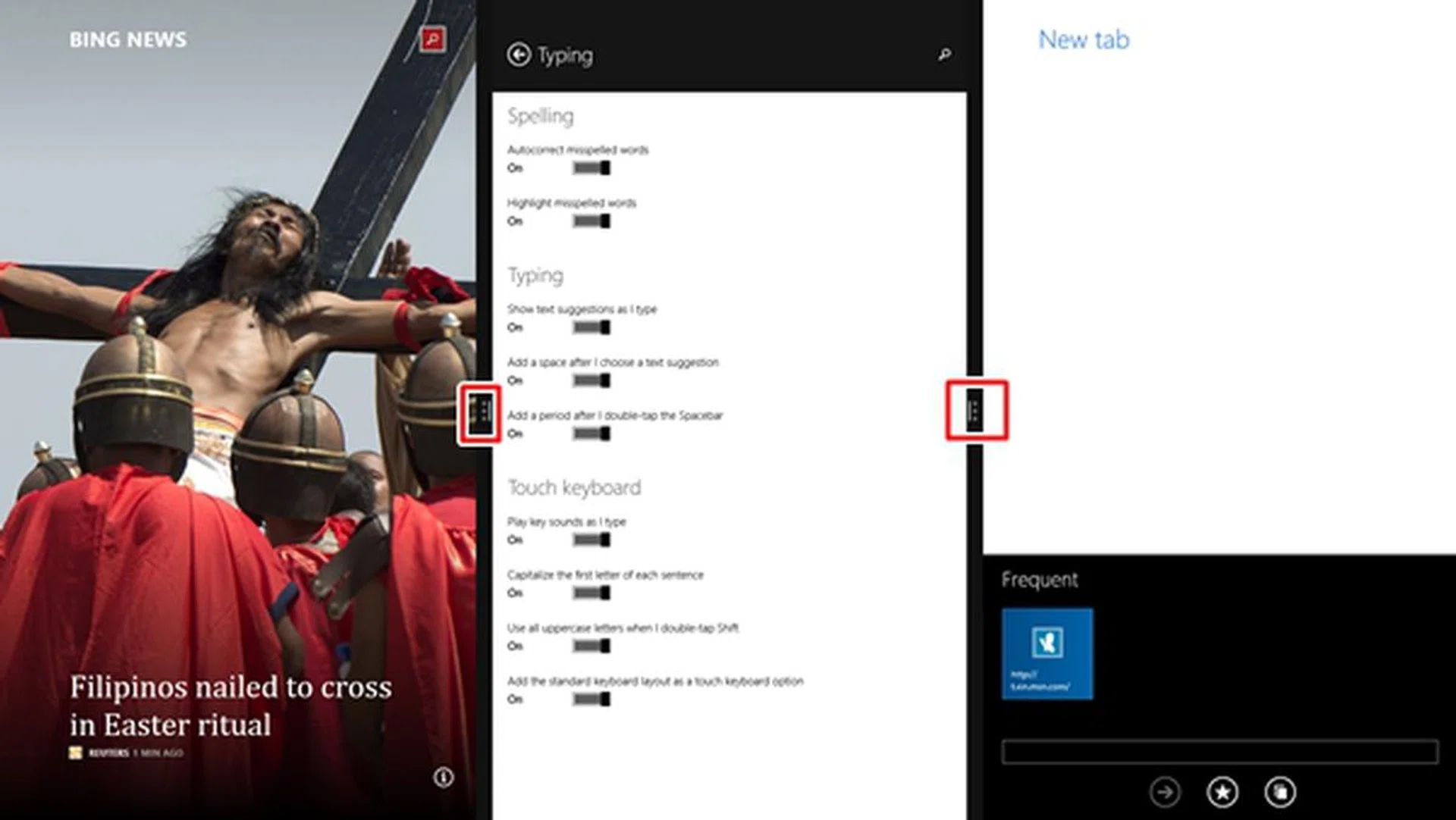 Seen here are 3 apps running simultaneously onscreen. You can adjust the size of each app window via the three-dot icon. For example, you might want to see a bigger slice of the Bing News than the other two apps.