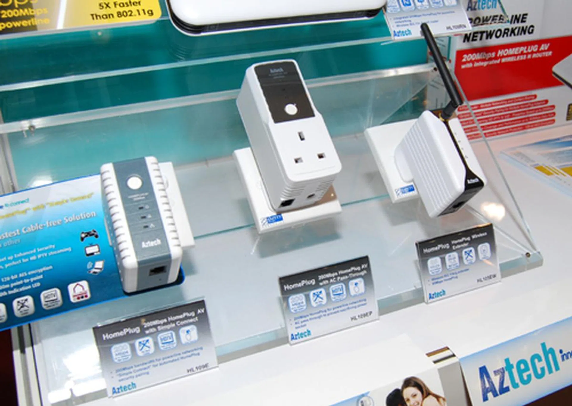  The usual HomePlug lineup from Aztech made their appearance over at CommunicAsia. From left: the HL109E, the HL109EP and finally the HL105EW.  