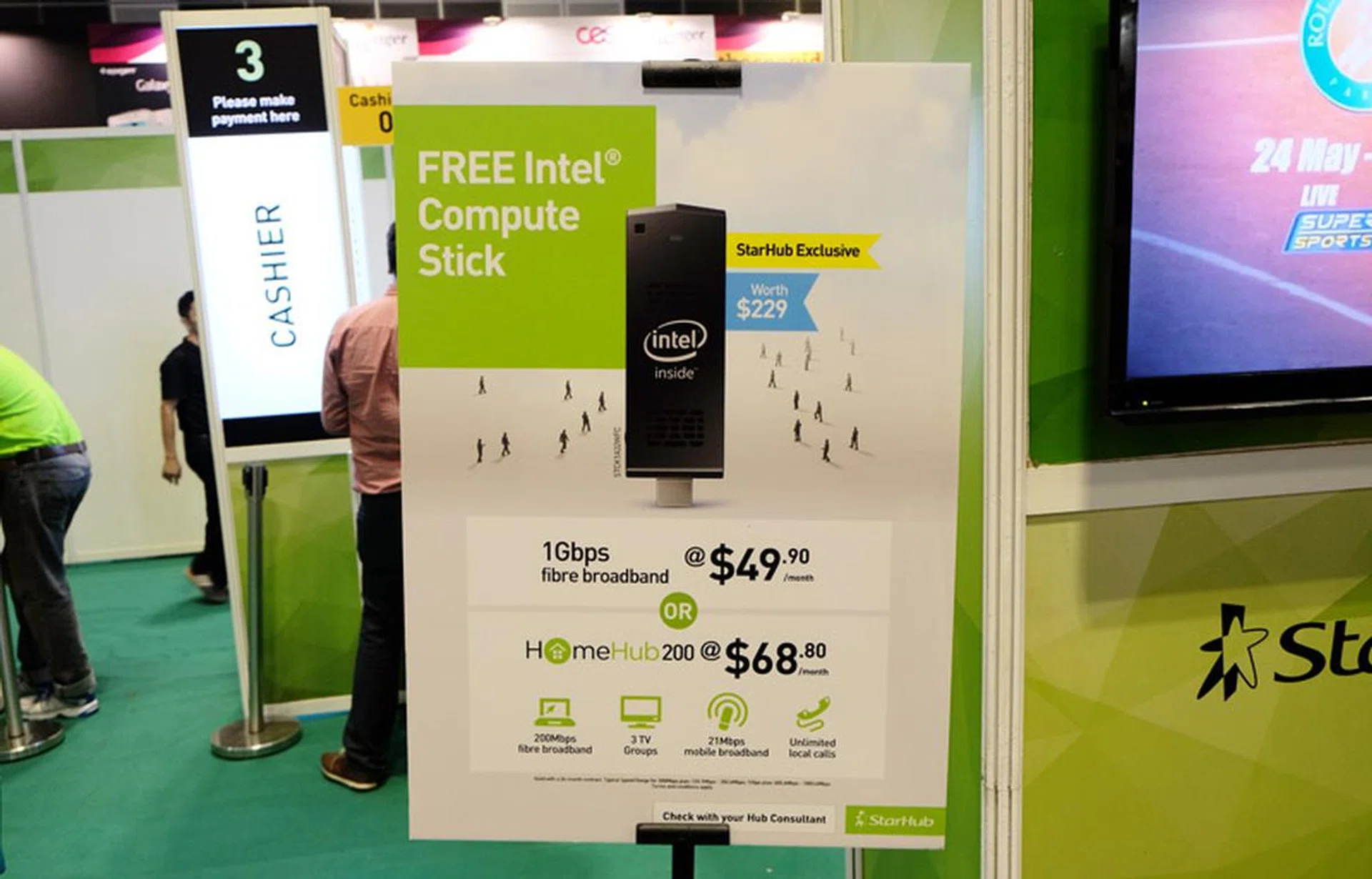Sign up for a StarHub 1Gbps fibre broadband plan or a dual-broadband 500Mbps fibre + 100Mbps cable plan at $49.90/month and receive a free Intel Compute Stick PC powered by an Intel Atom Z3735F quad-core processor and running on full Windows 8.1 worth $229.