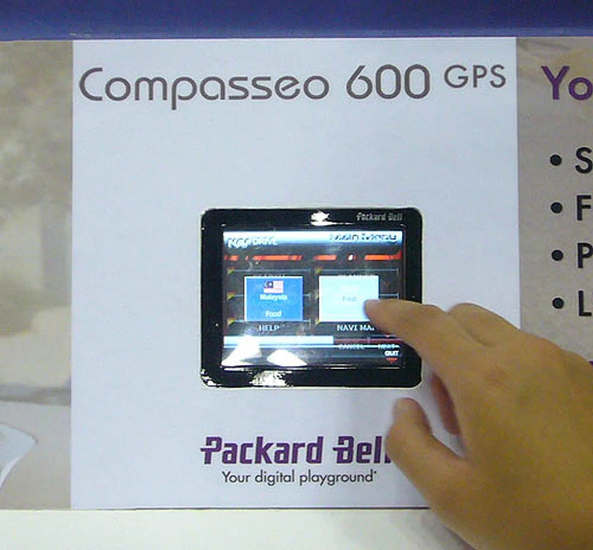  The Packard Bell Compasseo 600 GPS navigation system makes sure 'you'll never get lost again'. Other features unique to the local version include speed limit alerts, speed camera warnings and reminders to insert Cashcard ahead of ERP.  