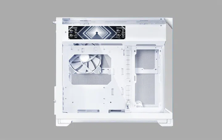 The O11 Vision-M Digital (white version seen here) also comes with a 9.2-inch LCD display, which in this image is integrated into the central divider.