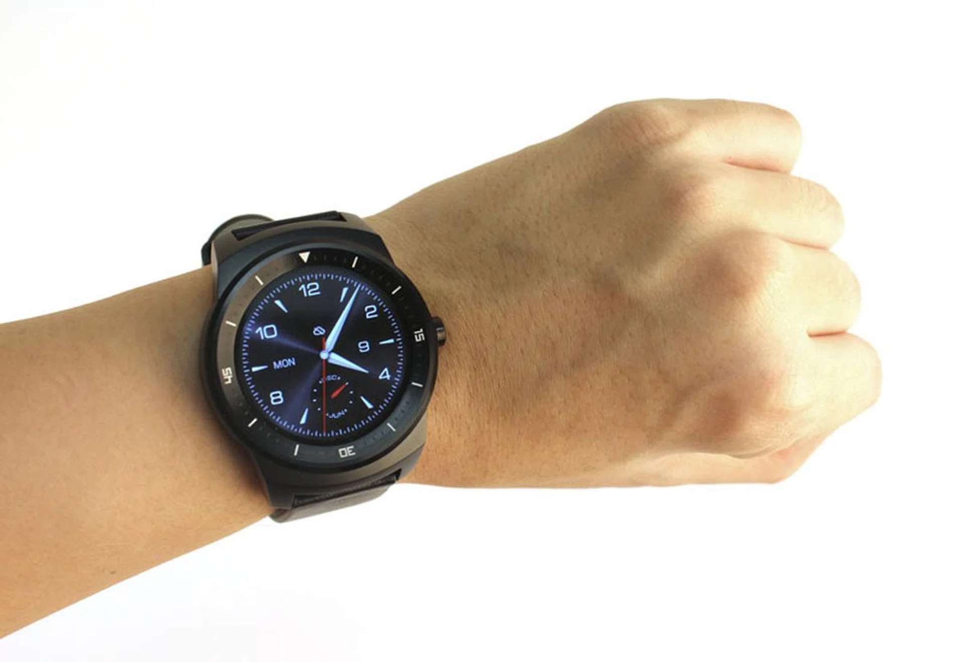 The G Watch R is angular, chunky and black.