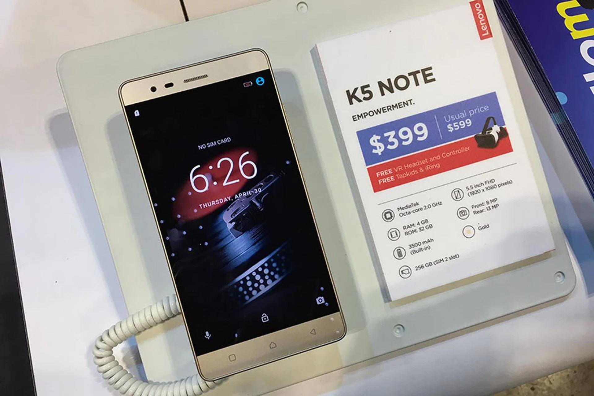 The Lenovo K5 Note has a 5.5-inch FHD screen, a MediaTek octa-core 1.3GHz SoC, 4GB RAM, a 13MP rear camera, and a 3,500mAh battery. Usually going for $599, but at CEF, you can pick one up at $399. Comes with free Tapkids game and iRing stand, too.
