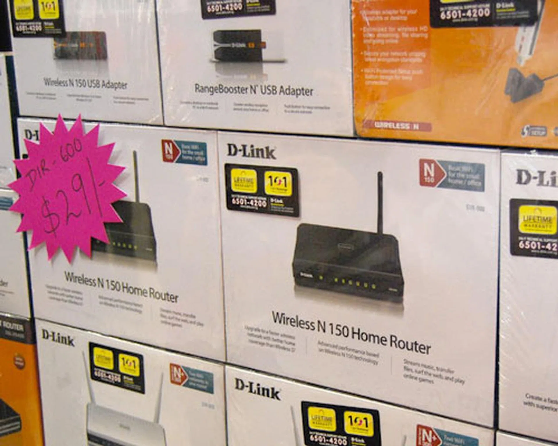 For something much more affordable, how about a $29 D-Link DIR-600 Wireless N 150 Home router? Capable of wireless transmission of up to 150Mbps, the DIR-600 comes with 4 10/100Mbps ports for your wired connections.
