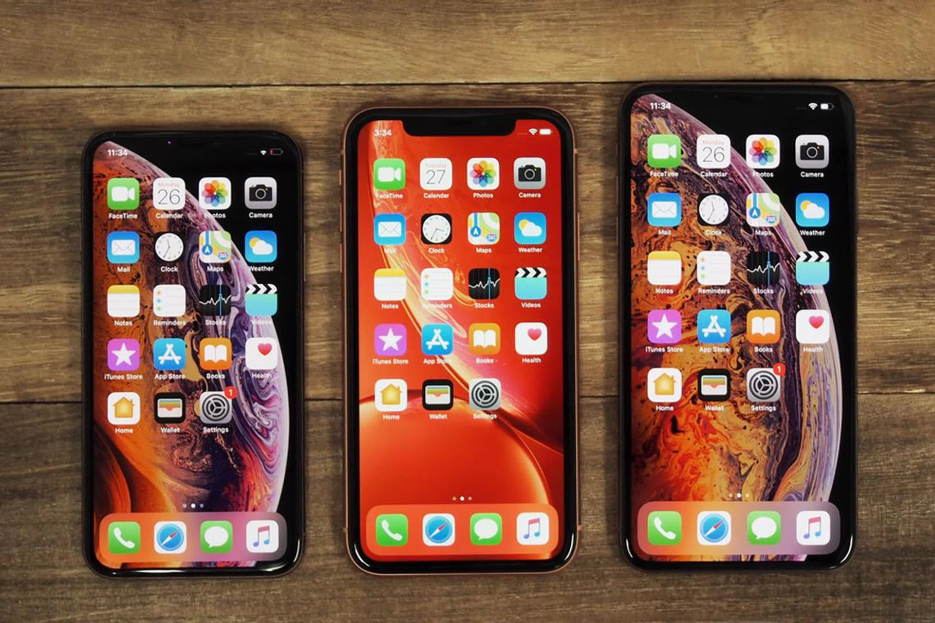 From left to right: The Apple iPhone XS, iPhone XR and iPhone XS Max. 