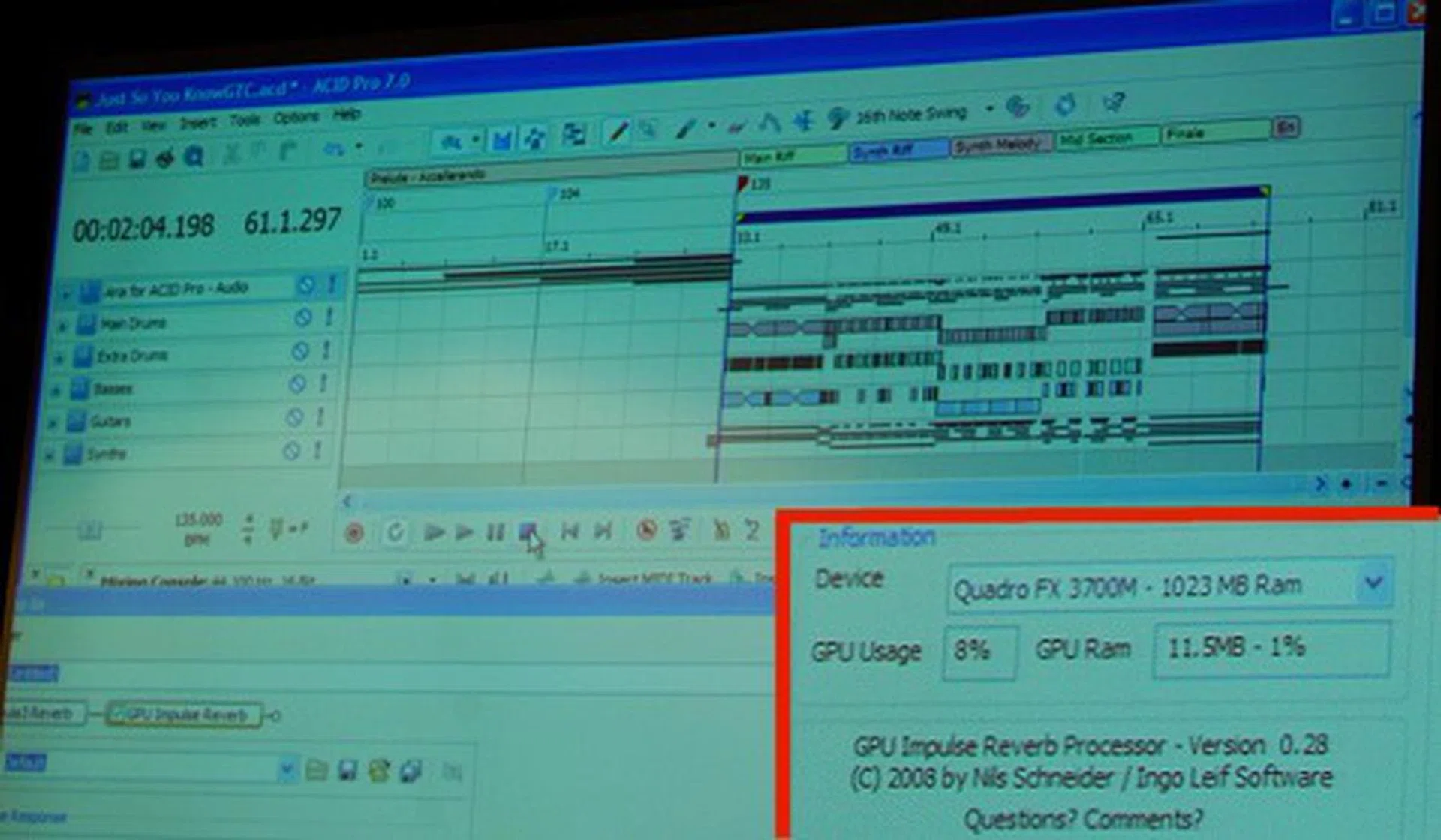 As seen in this photo, the inset shows a Quadro FX GPU in use for audio production with relatively low load levels.