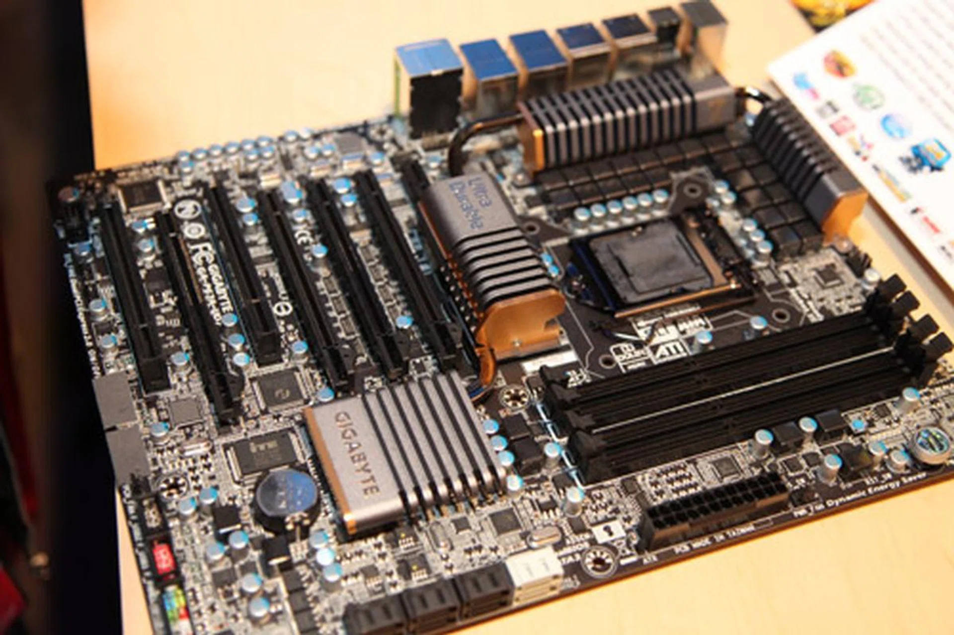 The higher-end GA-P67A-UD7 comes with four PCIe 2.0 graphics slots for 3-way multi-graphics SLI and CrossFireX configurations. It also comes with smart dual LAN technology which allows users to configure its GbE to have automatic failover or improve network performance through teaming.