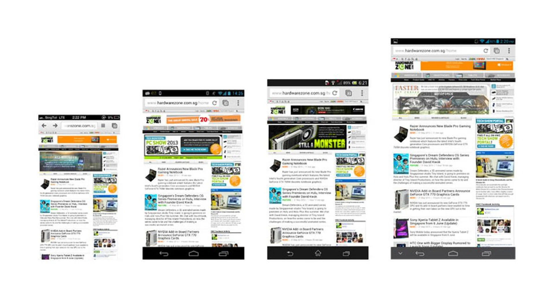 The 6.1-inch screen size enables you to view content more comfortably. <br> From left to right: Apple iPhone 5 (4-inch), LG Nexus 4 (4.7-inch), Sony Xperia Z (5-inch) and Huawei Ascend Mate (6.1-inch).