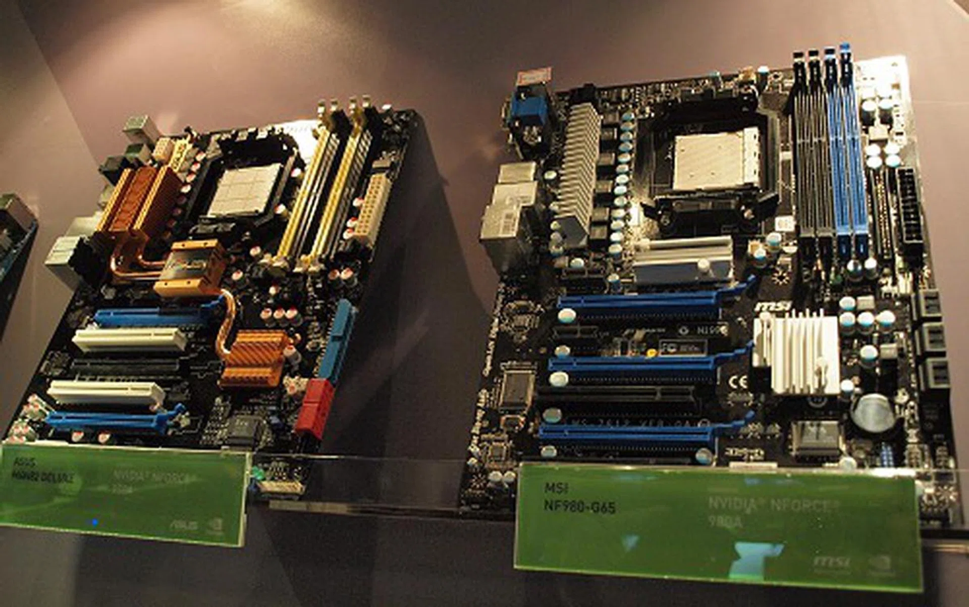 Seen here are two new nForce 980A motherboards from ASUS and MSI - the M4N82Deluxe and the NF980A-G65 respectively. The nForce 980A however is hardly any different from the existing nForce 780A chipsets. So apart for some minor updates, expect this to be more of a marketing refresh than anything else. 