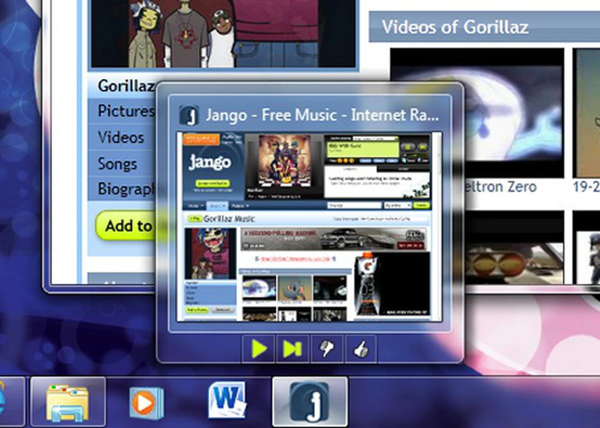 Using Jango as an example here, thumbnail preview controls are clearly apparent and usable without switching to the site itself on the main screen.