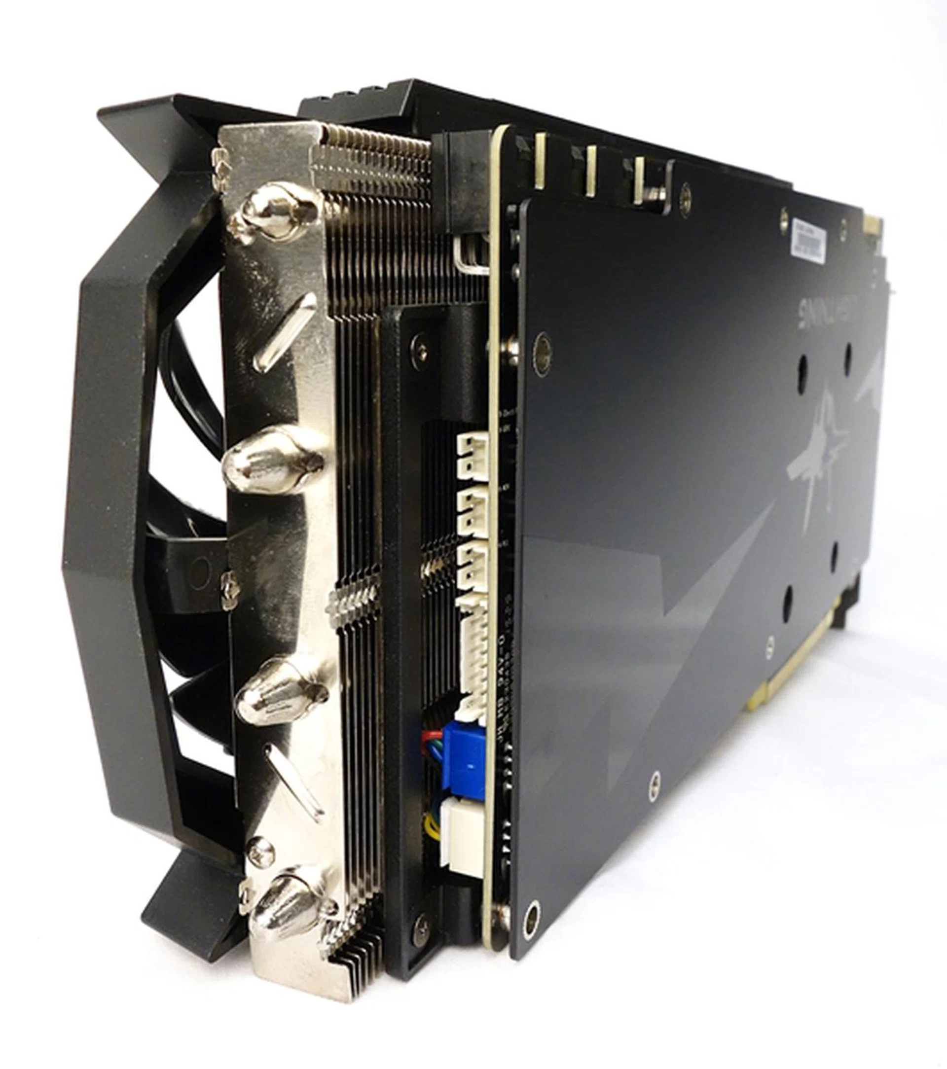 There are three V-Check points; (top to bottom), these will help measure and report GPU, memory, and PLL voltages respectively. We guess the long white connector at the bottom of the stack is meant for an OC control panel.
