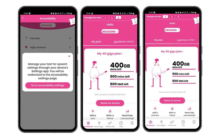 (From Left to Right) Giga app supports the device's text-to-speech features, and has text resizing that lets users increase font sizes in menu buttons and more.