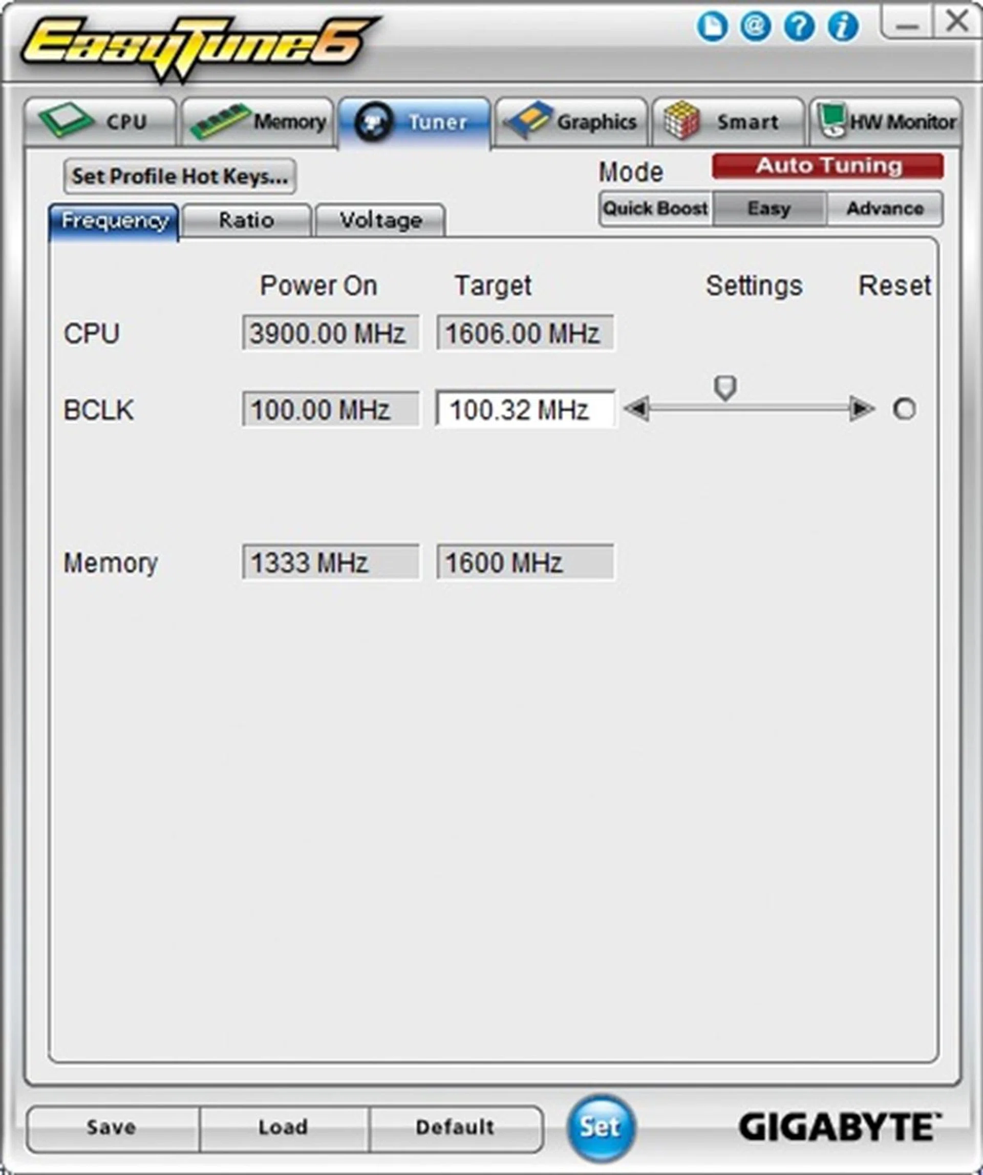 In Easy Mode, only the Frequency tab was accessible, while the Ratio and Voltage tabs couldn't be accessed as they were disabled.