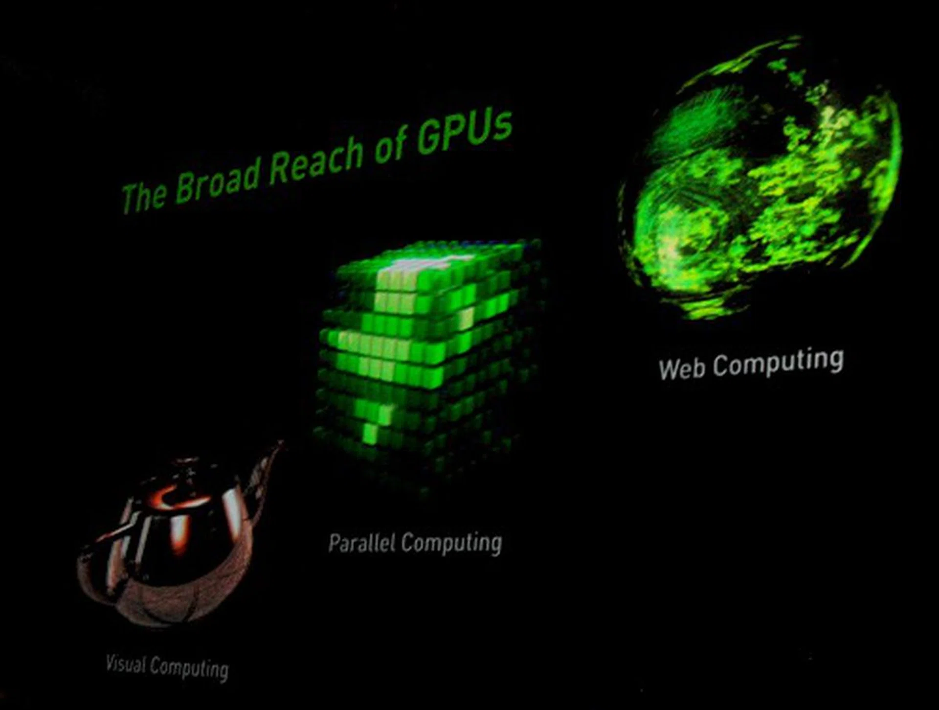 Visual Computing, Parallel Computing and Web Computing - the three key areas as painted by Jen-Hsun on how and where GPUs are making great headway and probably going to be even more pervasive as we move ahead.