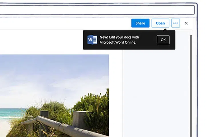 The integration is also available from Dropbox's end in the web browser. (Image source: Microsoft.)