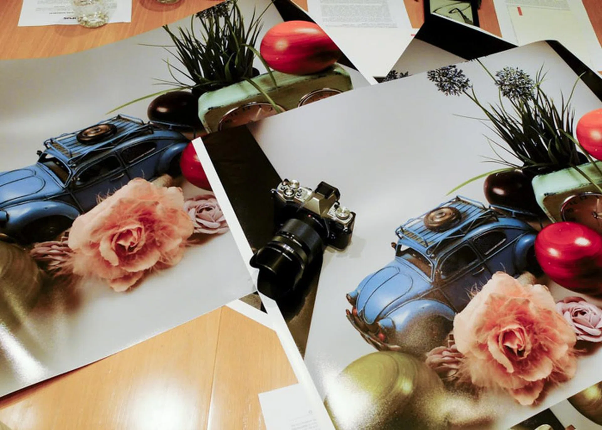 Two large format prints, one from the OM-D E-M5 Mark II with their 40-megapixel high-res shot mode, and the other from a Nikon D800.