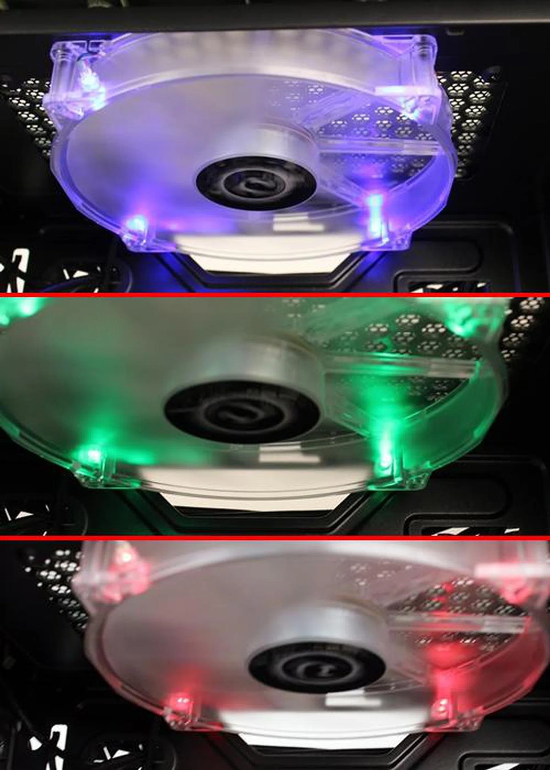By pressing the fan LED control button, we could change the color of the illumination of the dual 230mm cooling fans. Shown here is the top cooling fan when it was in operation.