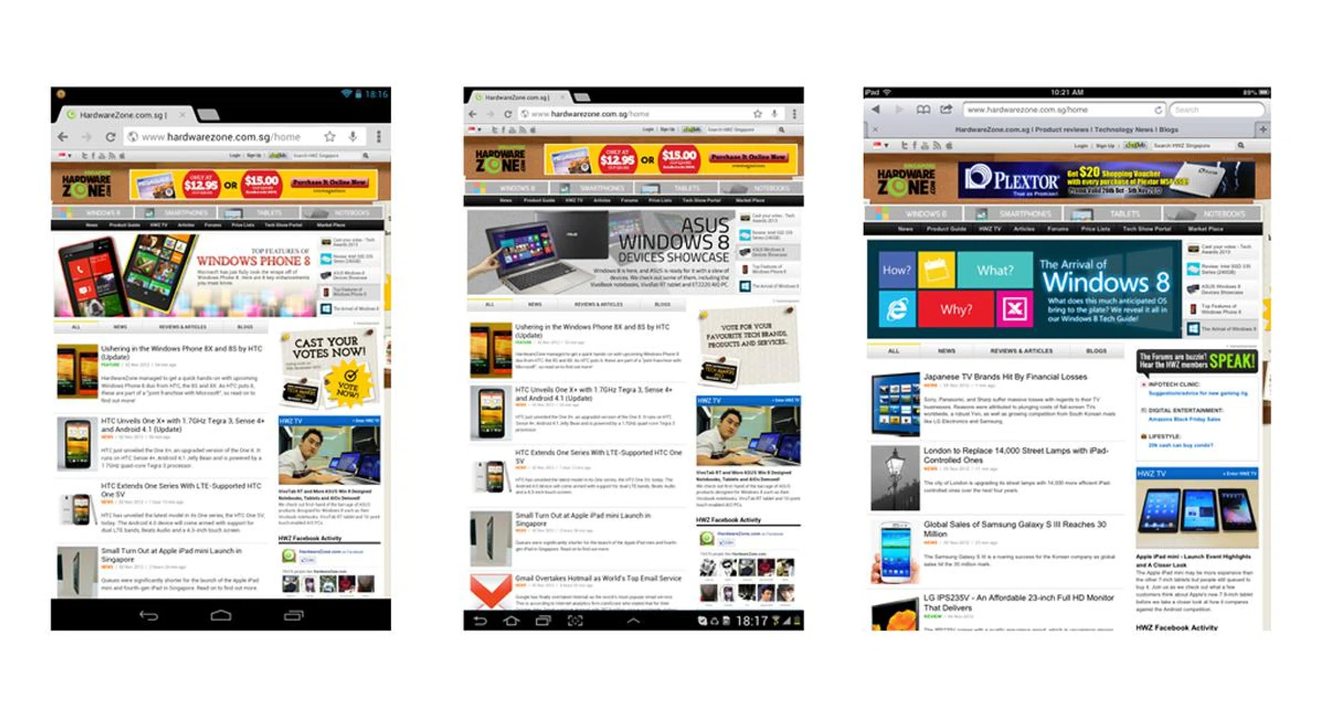 When we compare the screenshots taken from the Google Nexus 7(left), Samsung Galaxy Tab 7.7 (center) and Apple iPad Mini (right), the Apple slate displays lesser content although details are larger.