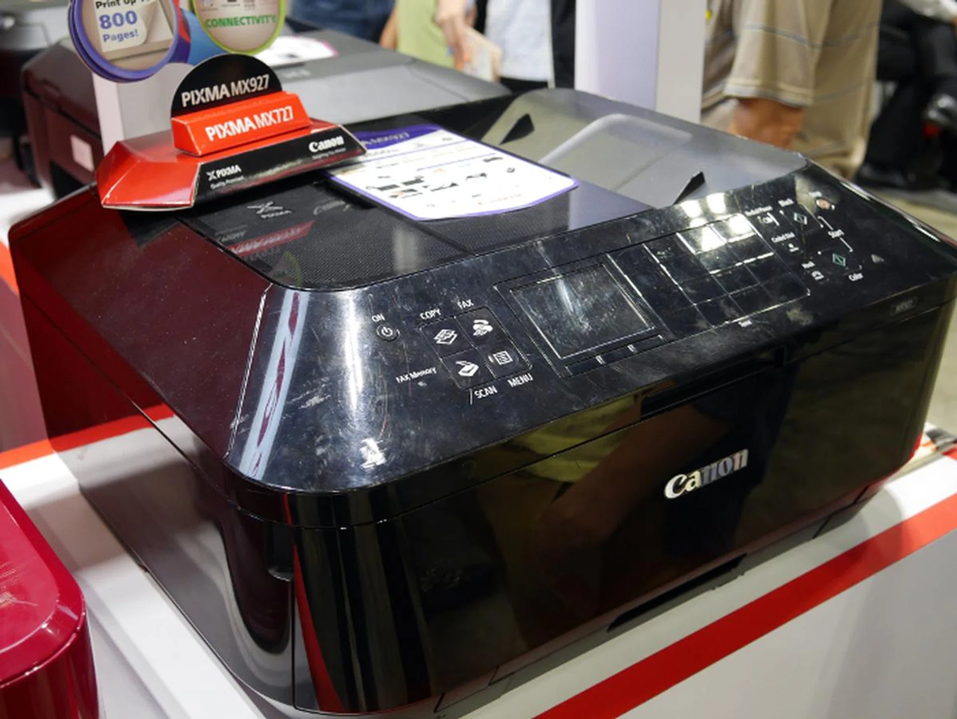 The Canon Pixma MX927 comes with auto duplex so you won't have to flip the pages over yourself when printing double-sided documents. It also comes with an automatic document feeder so you can scan or copy documents without having to feed each page manually. It is also wireless and Ethernet-ready. Save $49 and bring it home for $320.