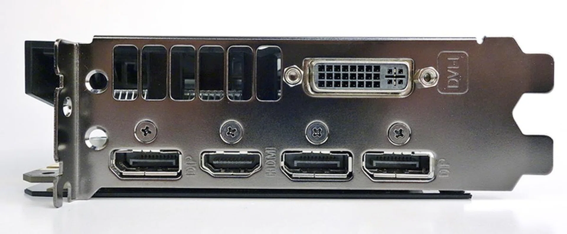 The ASUS card has a dual-link DVI-I connector, a HDMI 2.0 port, and three DisplayPort ports.