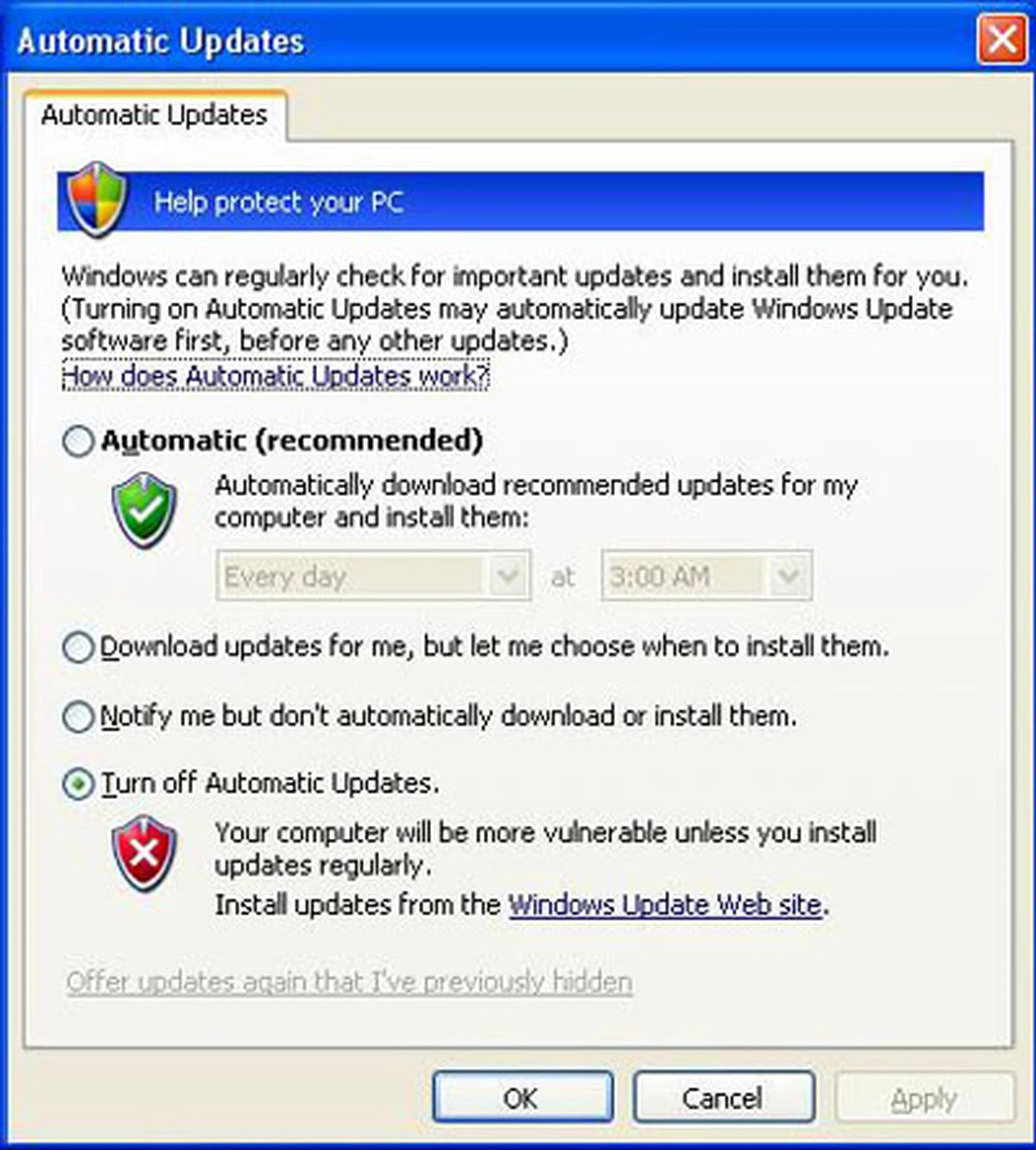 This is what the Automatic Update tab looks like in Windows XP.