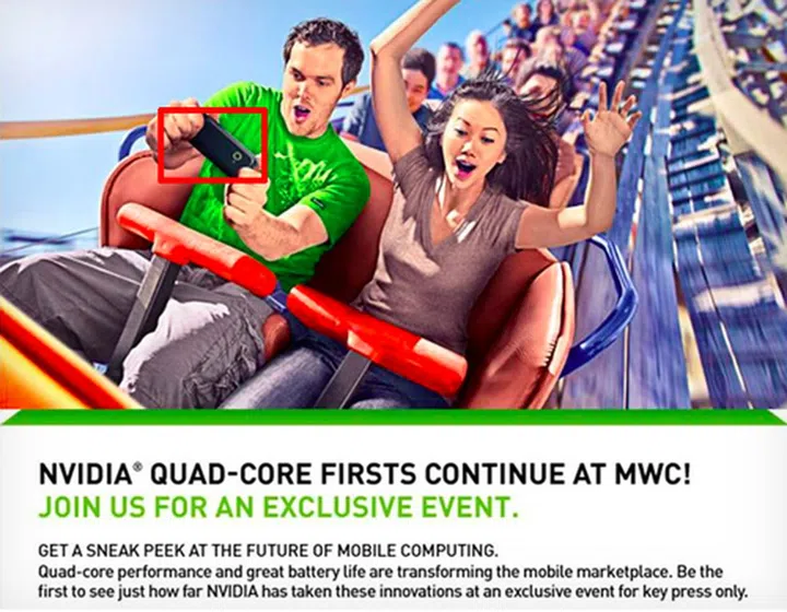 The words "quad-core" and the smartphone being held in the guy's hands are good hints to what NVIDIA will be announcing at MWC 2012. (Image source: NVIDIA)
