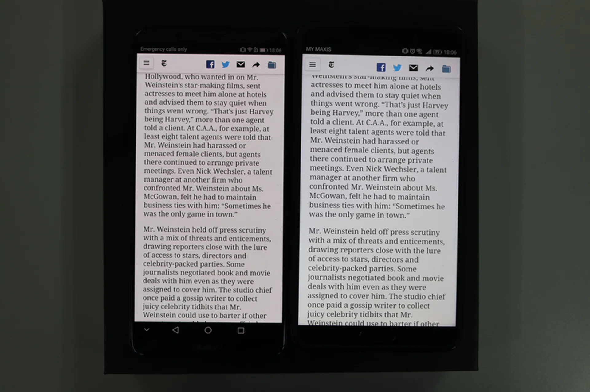 The color temperature of the Mate 10 Pro's display (left) looks slightly warmer than that of the Mate 10 (right).