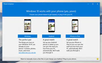 The Phone Companion app on Windows 10 for the PC will help you connect your Windows PC to whatever phone you own. (Image source: Microsoft.)