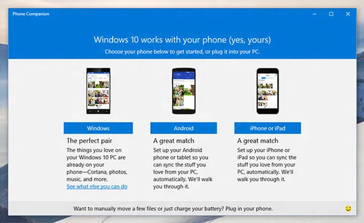 The Phone Companion app on Windows 10 for the PC will help you connect your Windows PC to whatever phone you own. (Image source: Microsoft.)