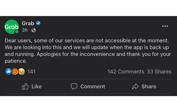 The App outage began early Tuesday morning. Image source: Grab Facebook page. 