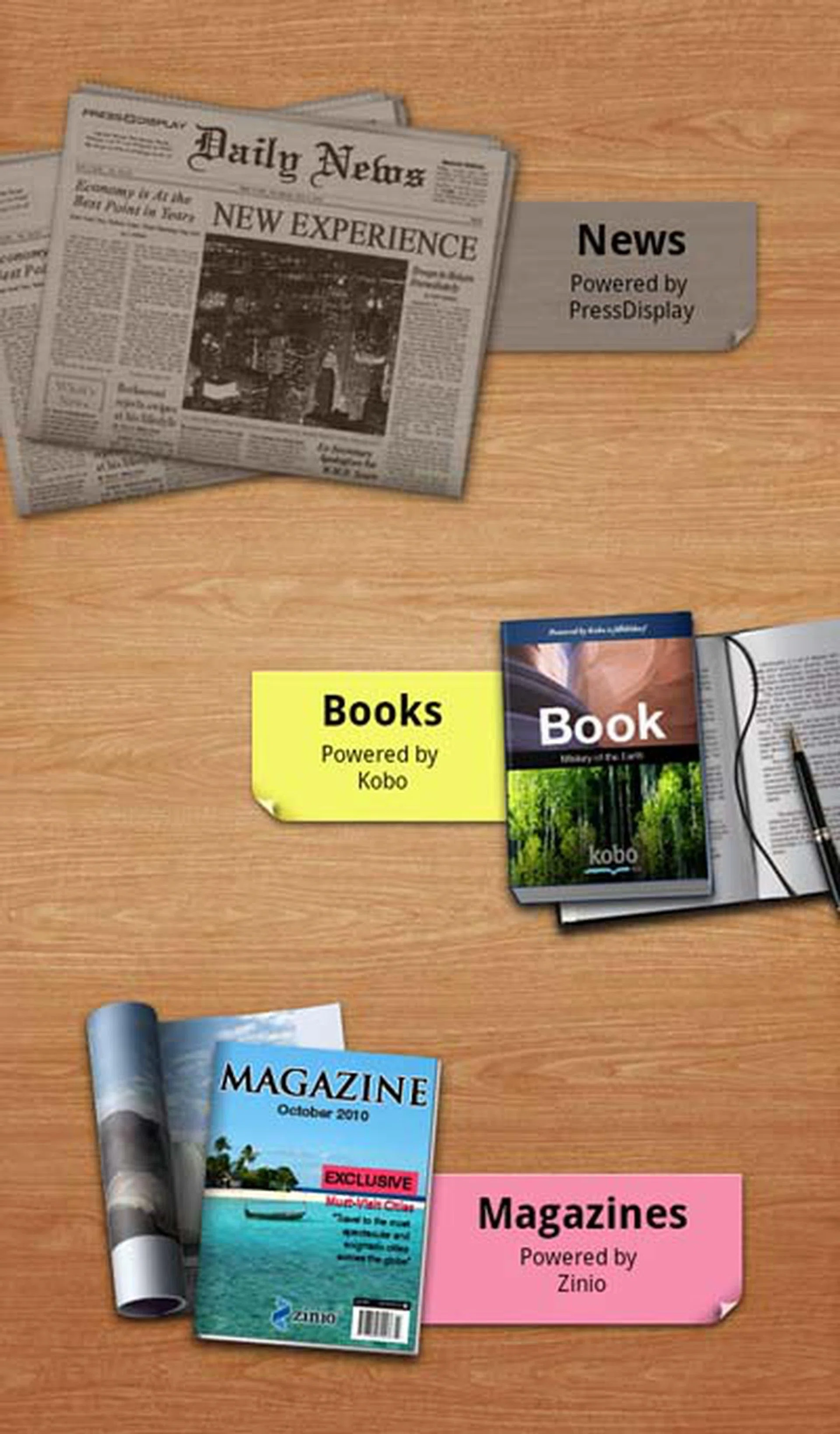 The Samsung Readers Hub where you can read, buy and download news, eBooks and magazines.