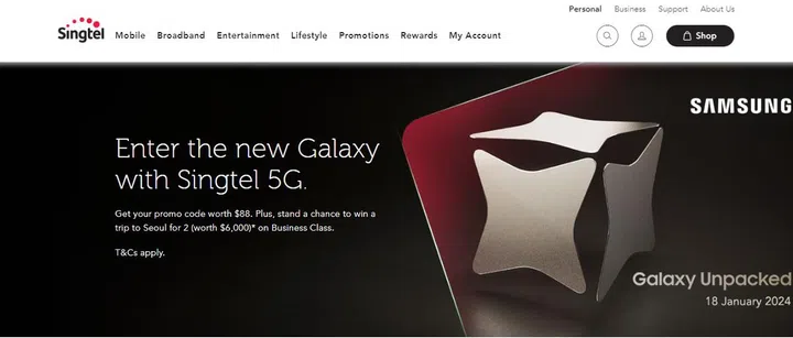 Singtel's ROI page for Samsung Galaxy S24 series.