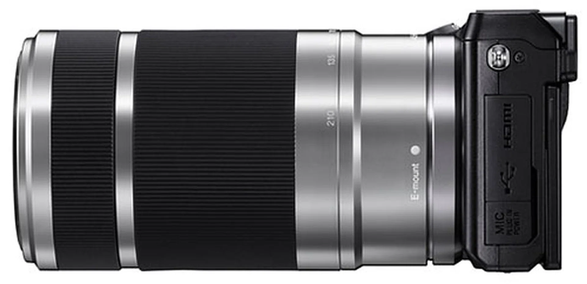 Here's a side profile of the NEX-7 mounted with the new E 55-210mm F4.5-6.3 OSS telephoto zoom lens.