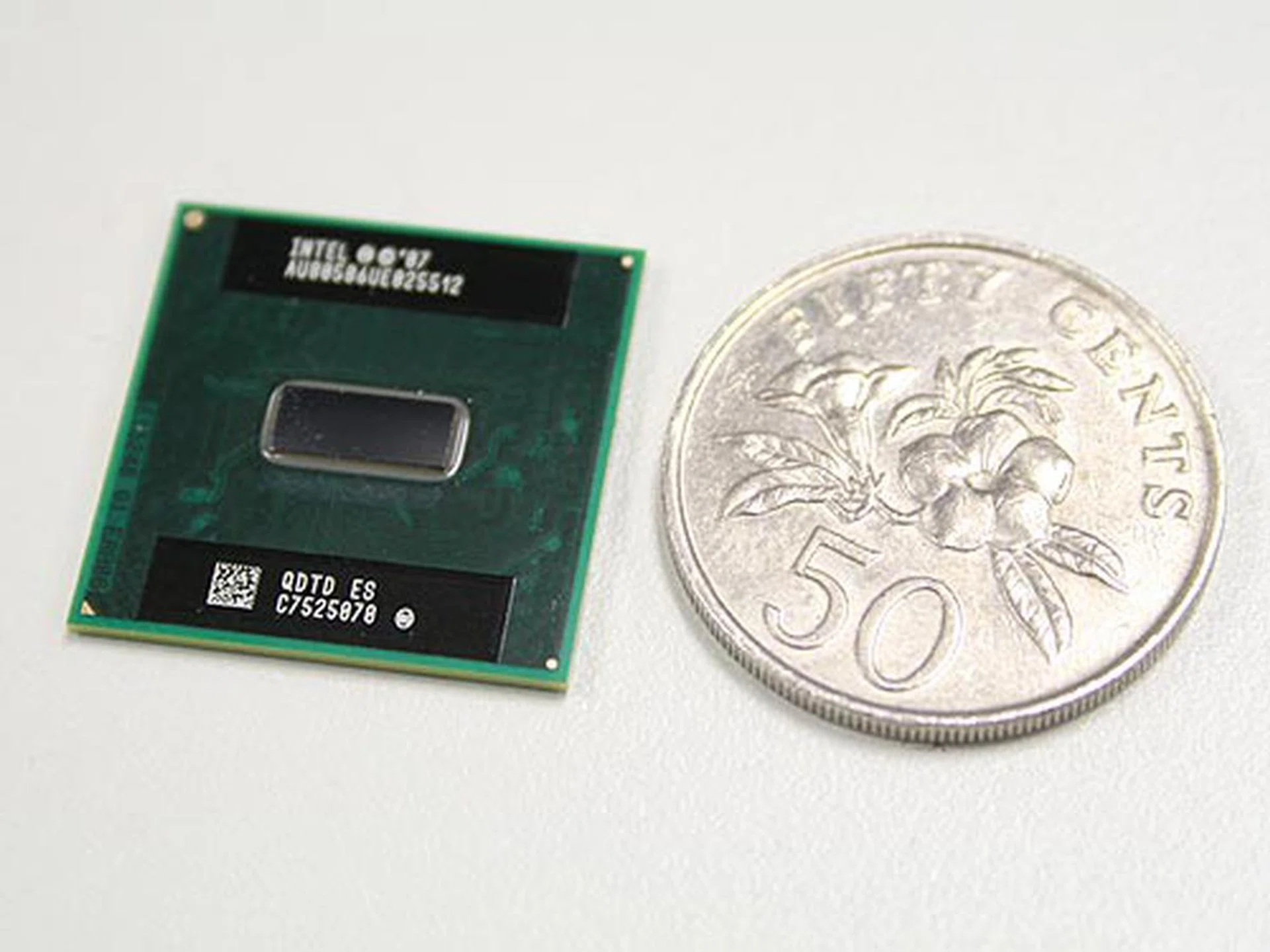  The Intel Atom processor which is no larger than a Singapore 50 cents coin.  