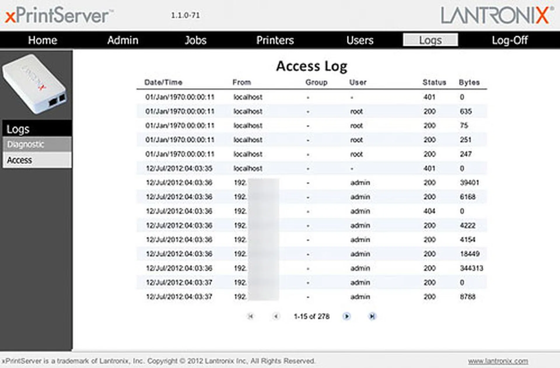 You can tell which devices have been printing and the amount of data transmitted by looking at the access logs. 