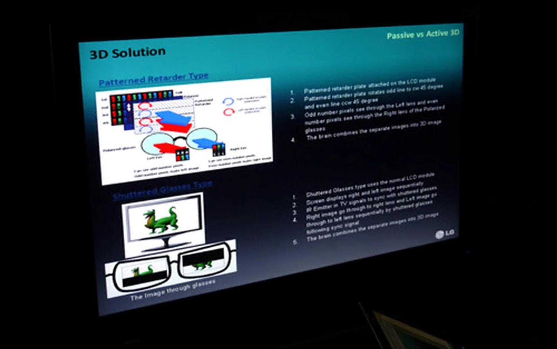 While our eyes preferred the "passive" experience, LG is moving away from the Patterned Retarder technology featured in last year's 3D-capable LH50 model, opting instead for the Shuttered Glasses solution many TV makers have adopted