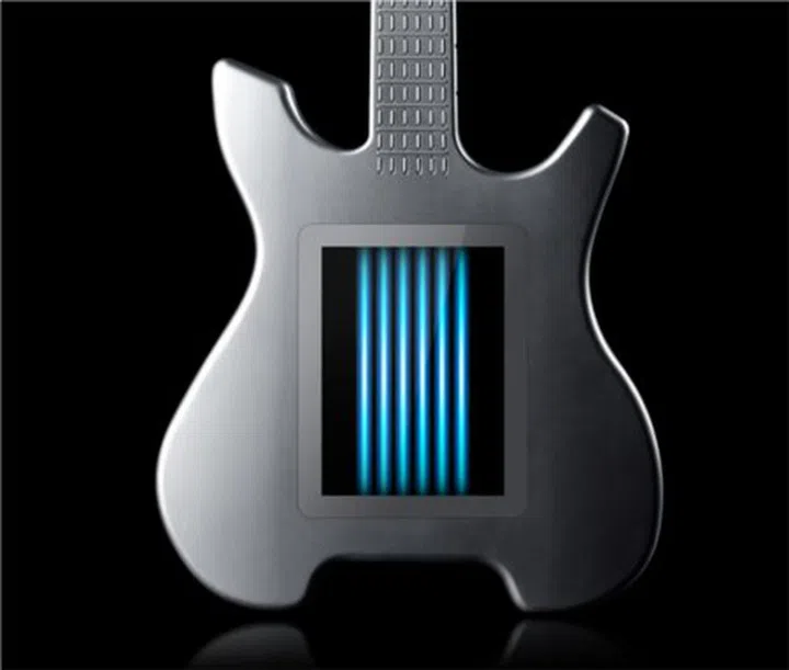 The guitar has been digitized and its strings replaced with lines across the display.