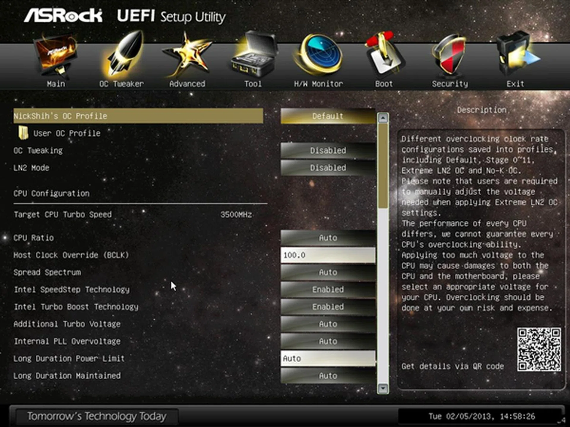 The main page of the OC Tweaker lists the predefined BIOS settings that will overclock the system to pre-defined performance levels with the endorsement of renowned overclocker Nick Shih,