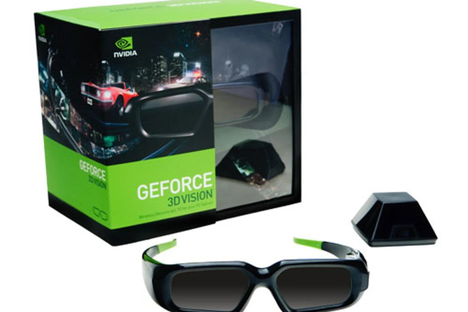 NVIDIA's 3D Vision kit, consisting of the active shutter 3D glasses and the IR external emitter.