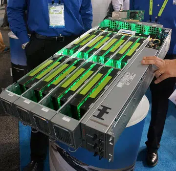 Have you ever seen so many GPUs in such a compact server rack? Note that what you see here are 16 of NVIDIA's top-of-the-line Tesla K80 accelerator cards - each has a dual GK210 GPU setup - for a grand total of 32 GPUs. Imagine the power draw!