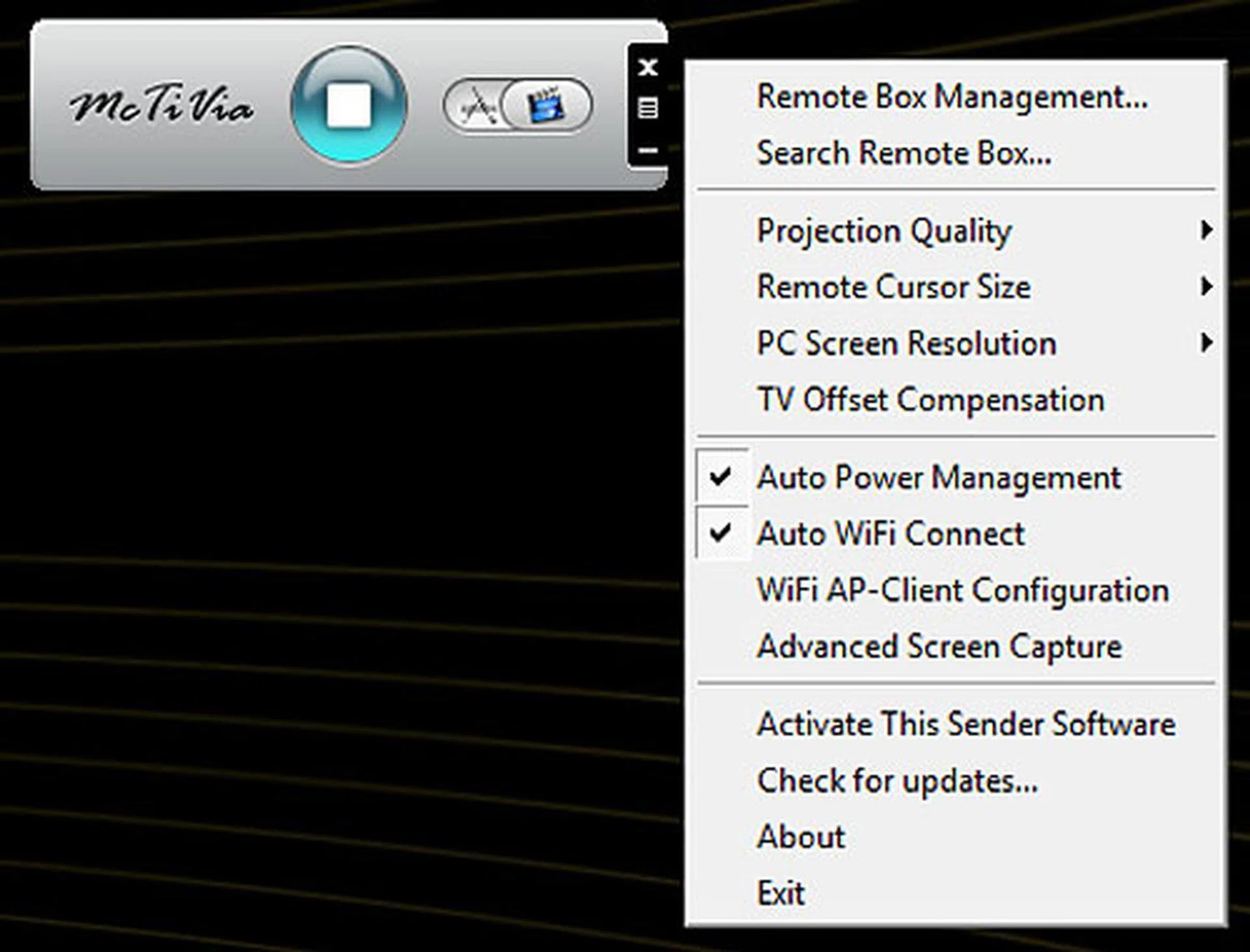Clicking the Menu button (the central document-looking icon) on the McTiVia desktop panel brings up further options.