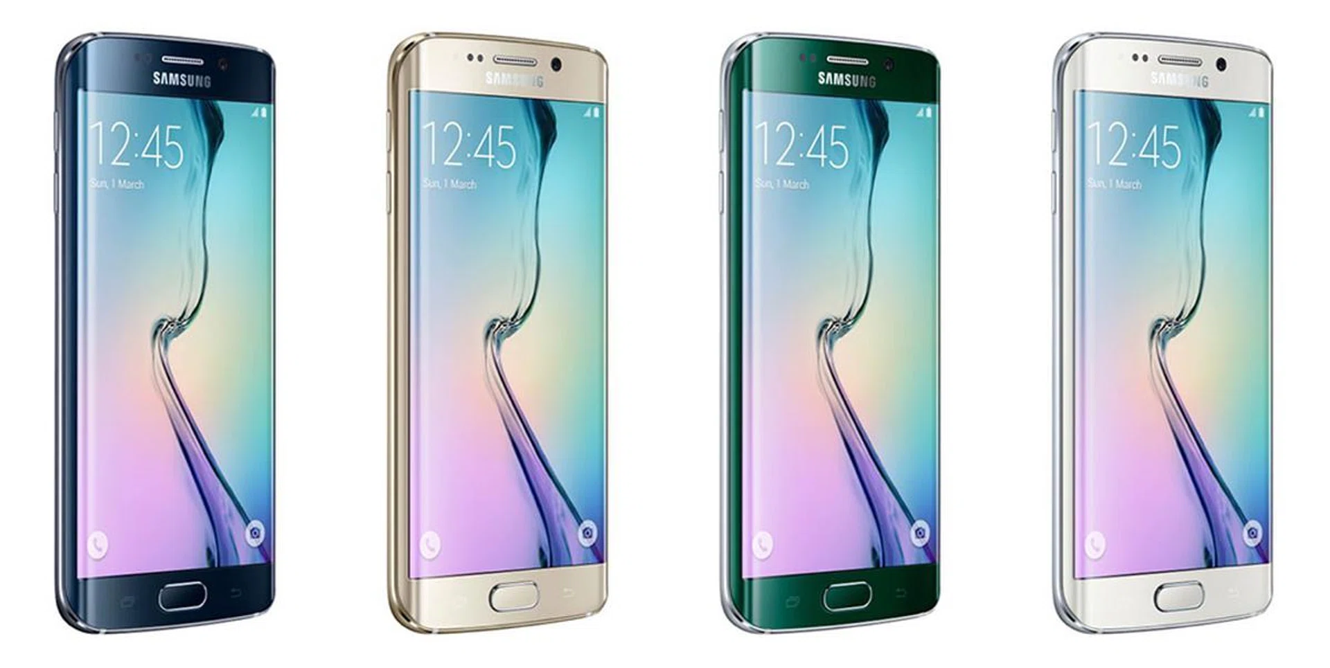 Galaxy S6 Edge colors from left to right: Black Sapphire, Gold Platinum, Green Emerald, White Pearl.