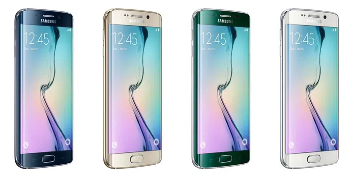 Galaxy S6 Edge colors from left to right: Green Emerald (available at a later date), Gold Platinum, Black Sapphire, White Pearl. 