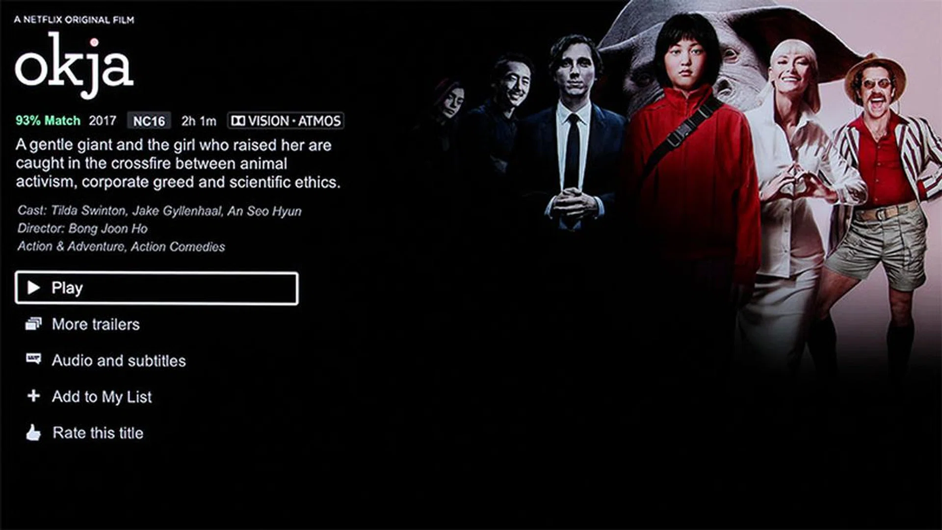 Okja is the first movie on Netflix to support Dolby Atmos. More titles such as Blame!, Death Note, Bright, and Wheelman are promised the Atmos treatment.