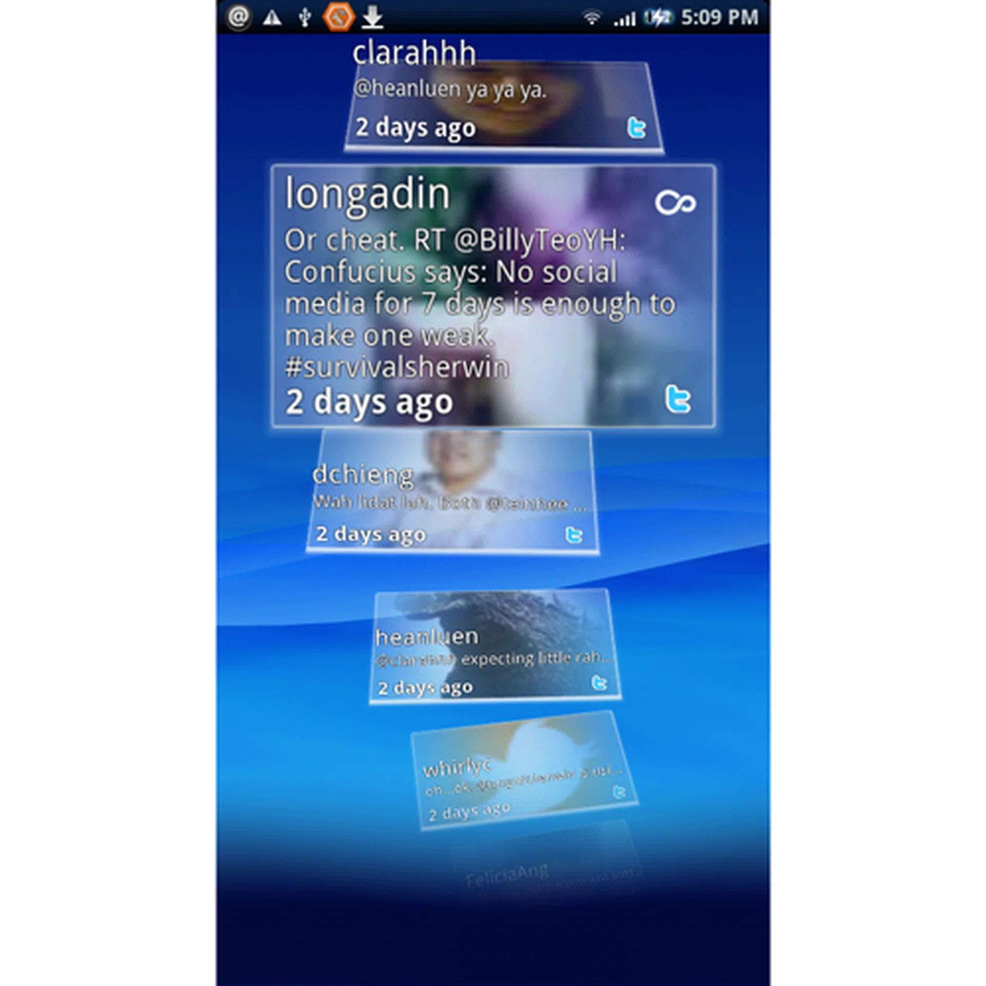 The Timescape interface lists up to seven different communications or multimedia related tiles, with one main tile that displays data from all seven tiles.