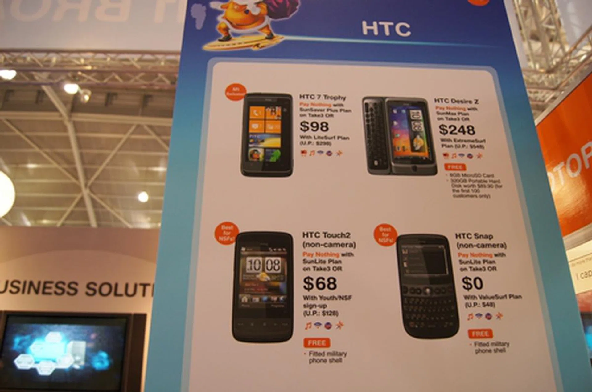 With suitable M1 plans, you can get newer HTC handsets, like the Trophy and Desire Z, at under $250.