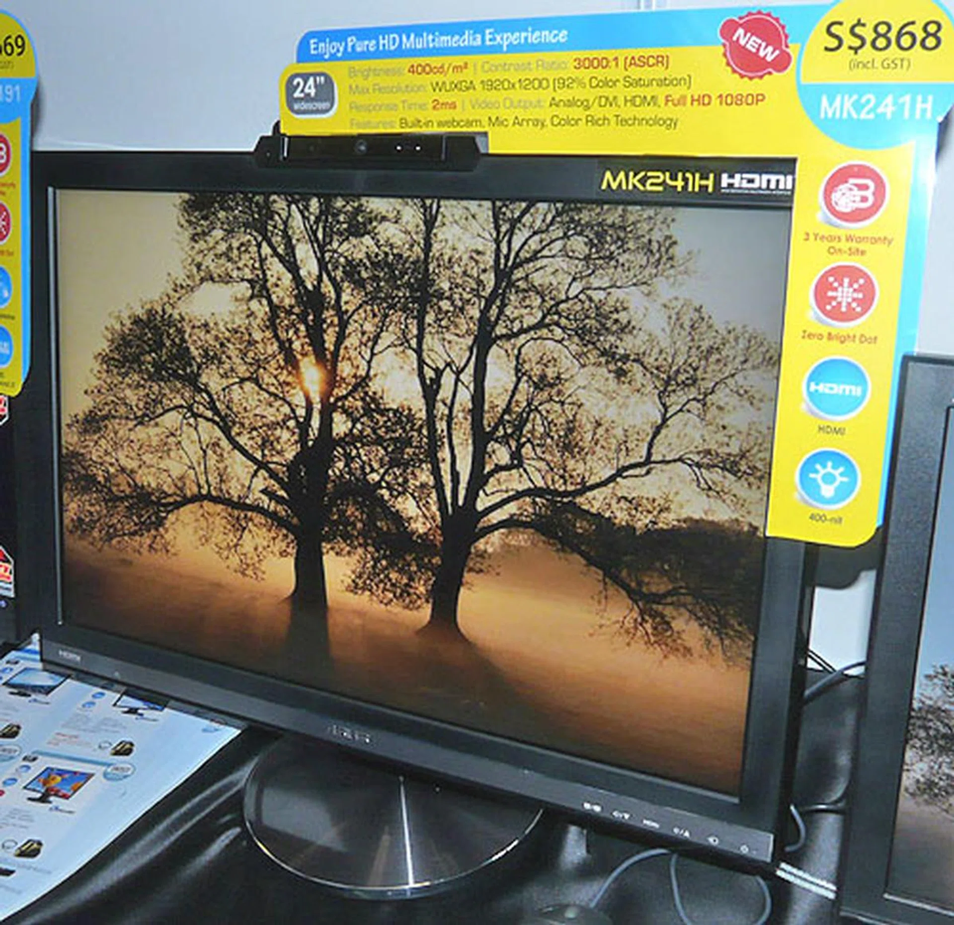  Looking for a full multimedia experience? The 2ms ASUS MK241H fits the bill if you can afford its $868 price tag. This is a full HD display with analog, DVI and HDMI output, a built-in webcam with microphone array and a contrast ratio of 3000:1. Bonus gifts include Altec Lansing speakers and a DVI cable worth up to $188.  