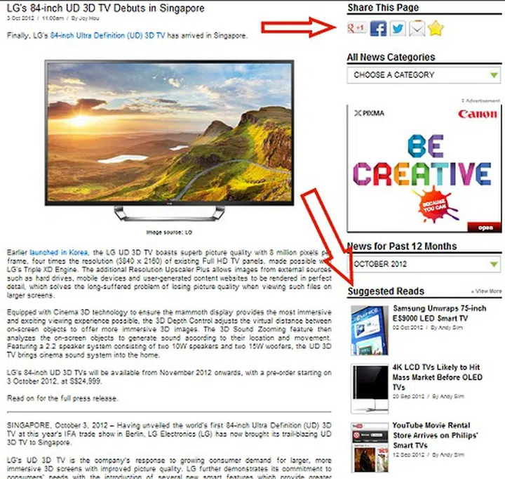 Improved visibility of social sharing functions and a list of related articles smartly defined by the main content's set of tags. This is an example of a news page.